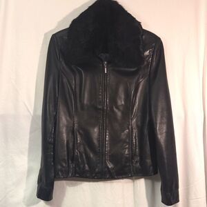 Apt. 9 Lambskin Leather Jacket Womens Small Black w/ Detachable Fur Collar